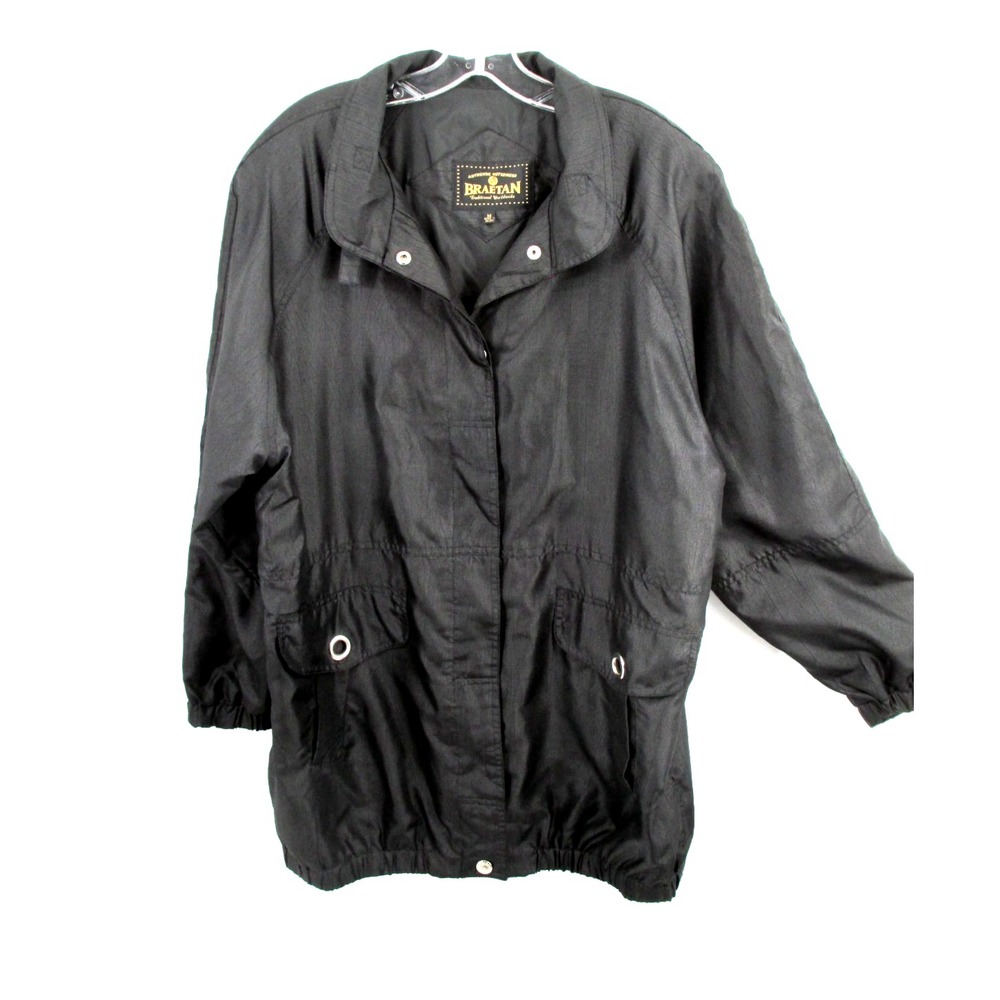 Braetan Windbreaker Rain Jacket Womens Medium Black Nylon Retro Vintage Snap